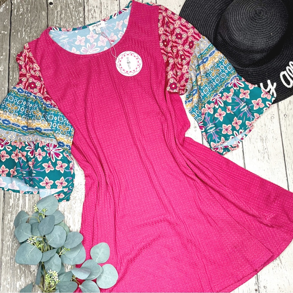 Umgee Floral Waffle Knit Floral Sleeve Dress